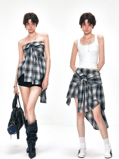 kvkv Two Way Convertible Plaid Bustier Top