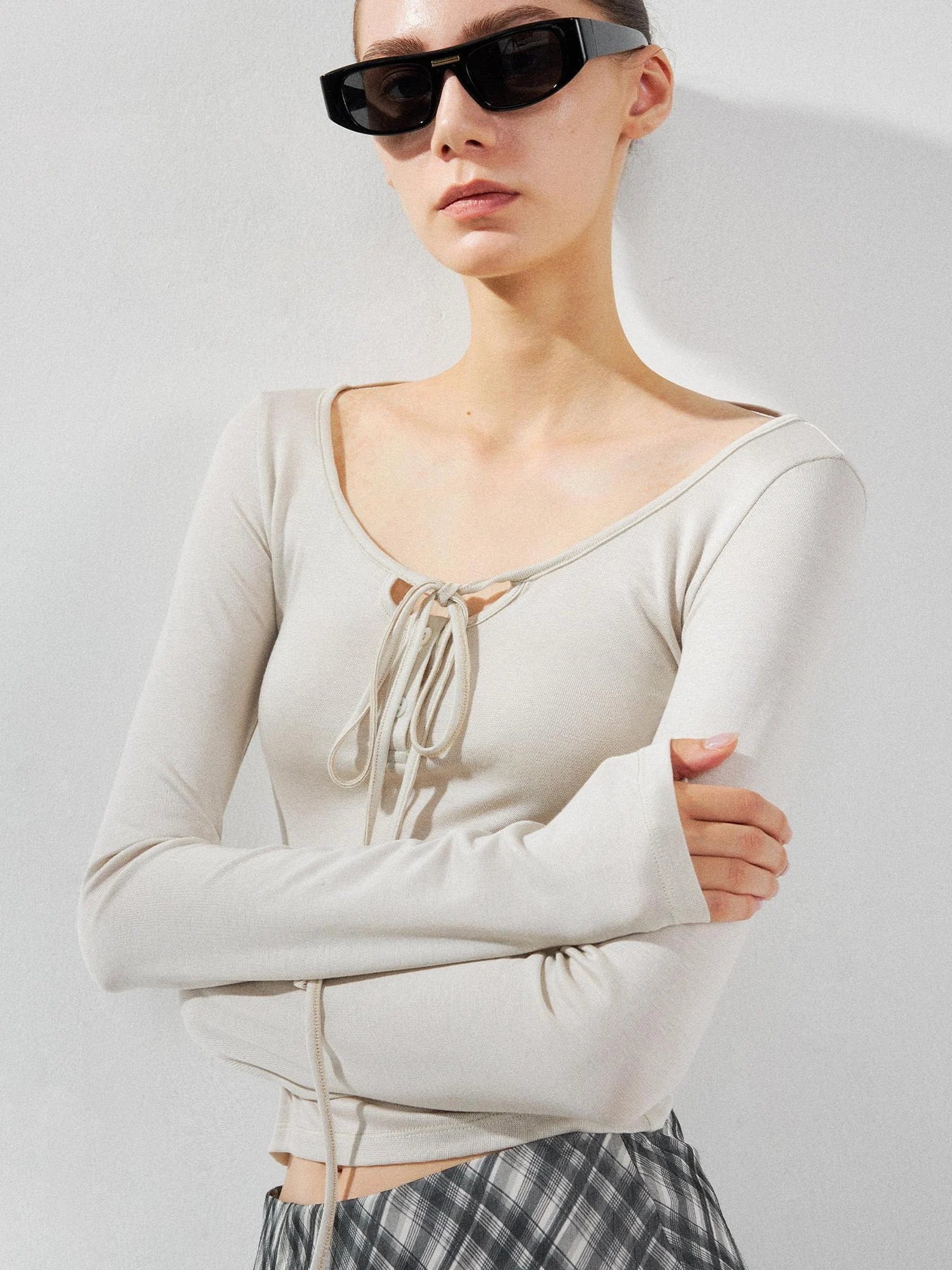 kvkv U Neck Beaded Tie Front Lyocell Blouse