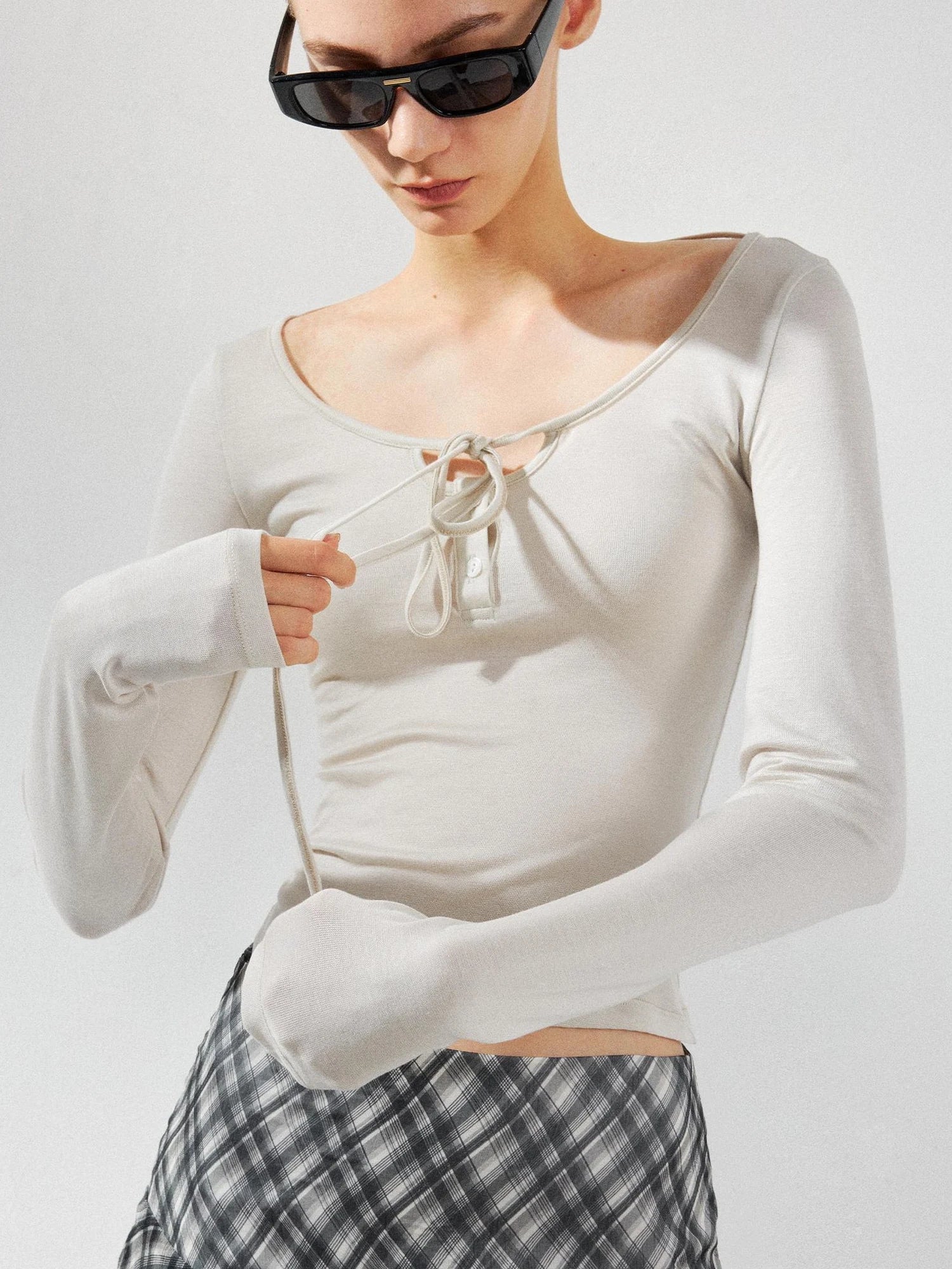 kvkv U Neck Beaded Tie Front Lyocell Blouse