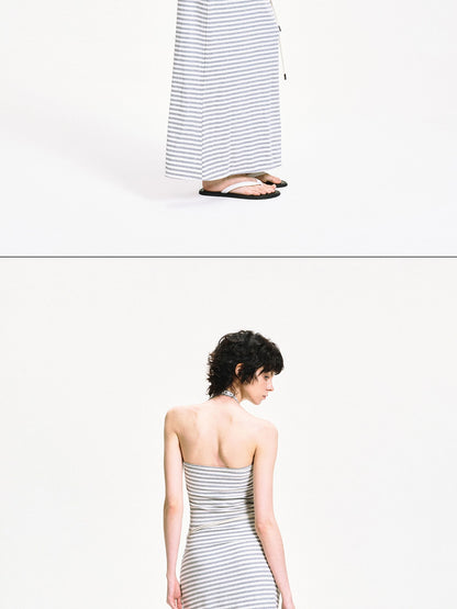 kvkv U Neck Ribbed Striped Backless Halter Top