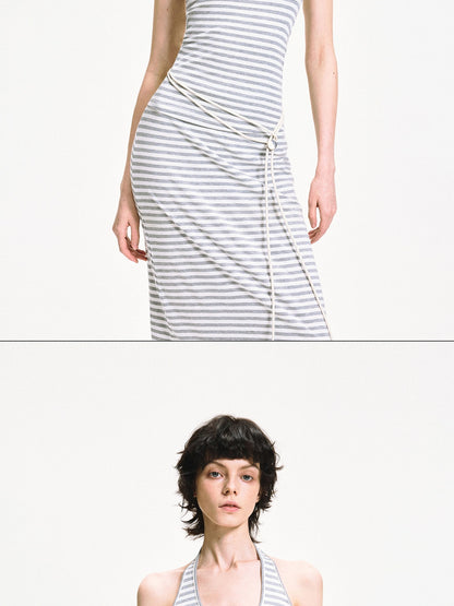 kvkv U Neck Ribbed Striped Backless Halter Top