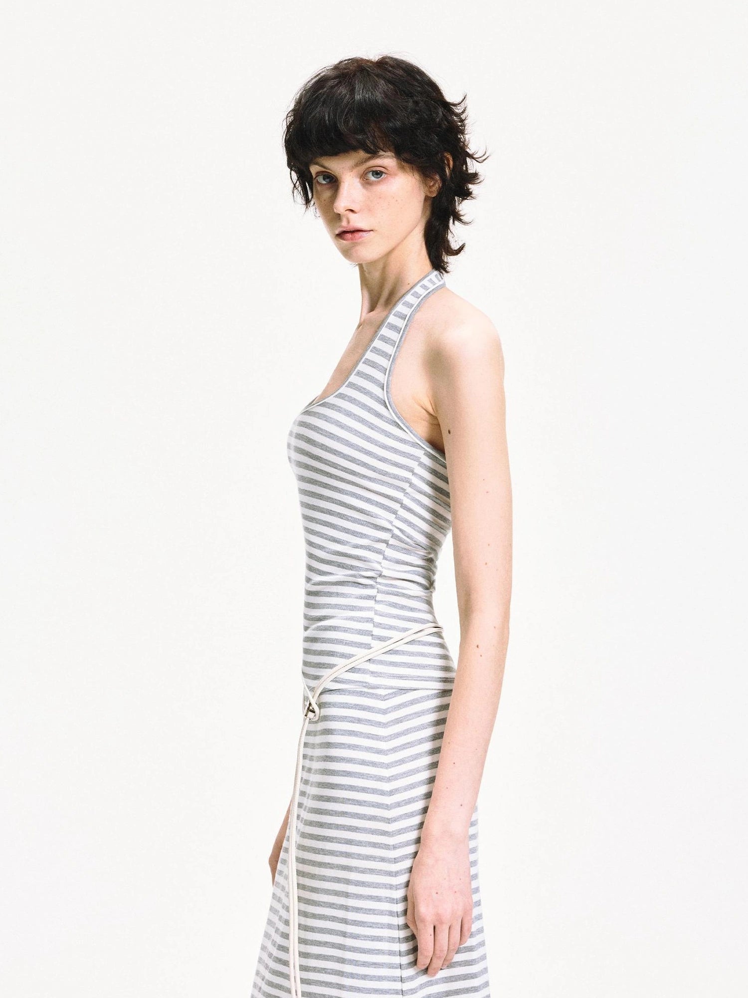 kvkv U Neck Ribbed Striped Backless Halter Top
