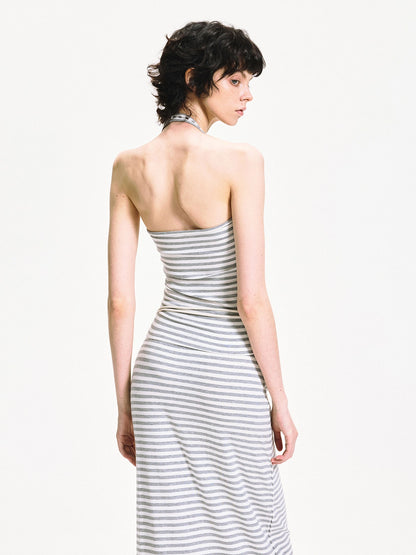 kvkv U Neck Ribbed Striped Backless Halter Top