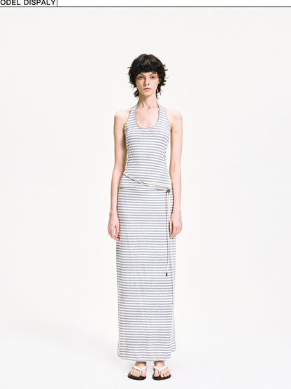 kvkv U Neck Ribbed Striped Backless Halter Top