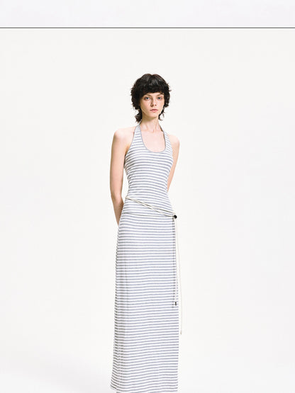 kvkv U Neck Ribbed Striped Backless Halter Top