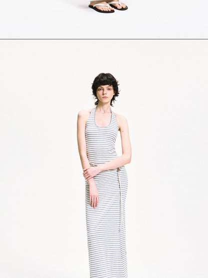 kvkv U Neck Ribbed Striped Backless Halter Top