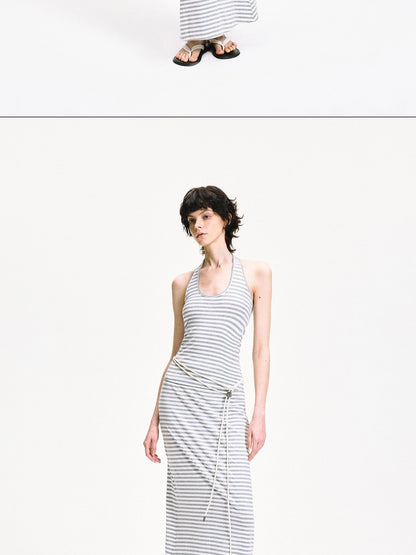 kvkv U Neck Ribbed Striped Backless Halter Top