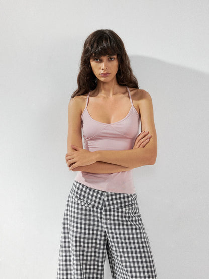 kvkv V-Neck Adjustable Lace Trim Fitted Tank Top