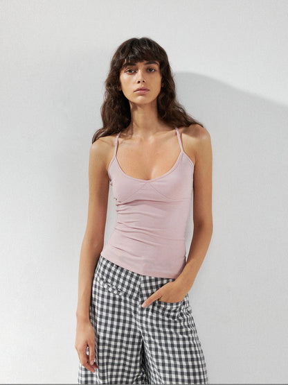 kvkv V-Neck Adjustable Lace Trim Fitted Tank Top