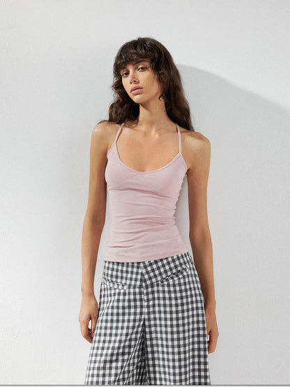 kvkv V-Neck Adjustable Lace Trim Fitted Tank Top
