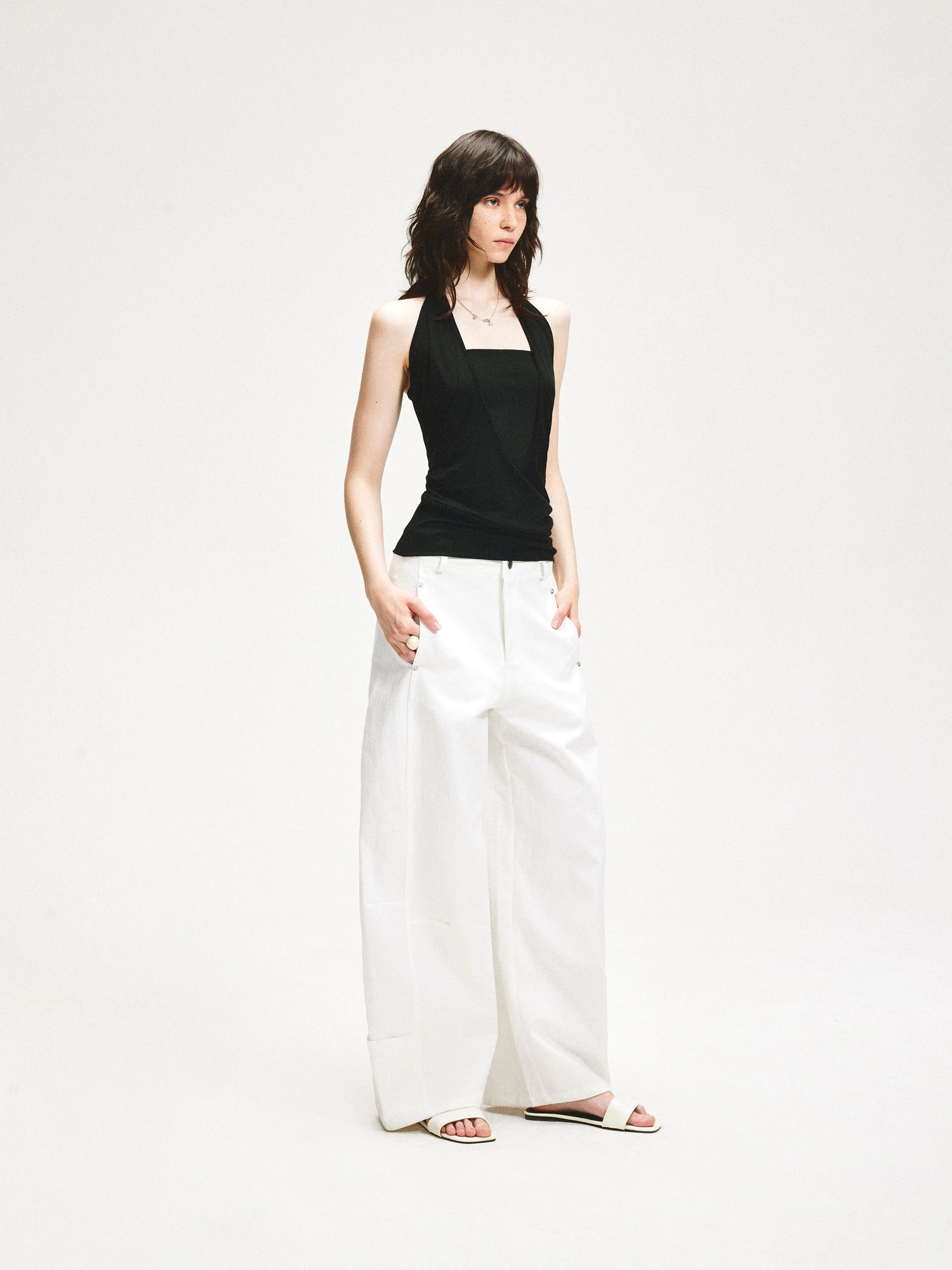 kvkv V-Neck Layered Ruffle Backless Halter Top