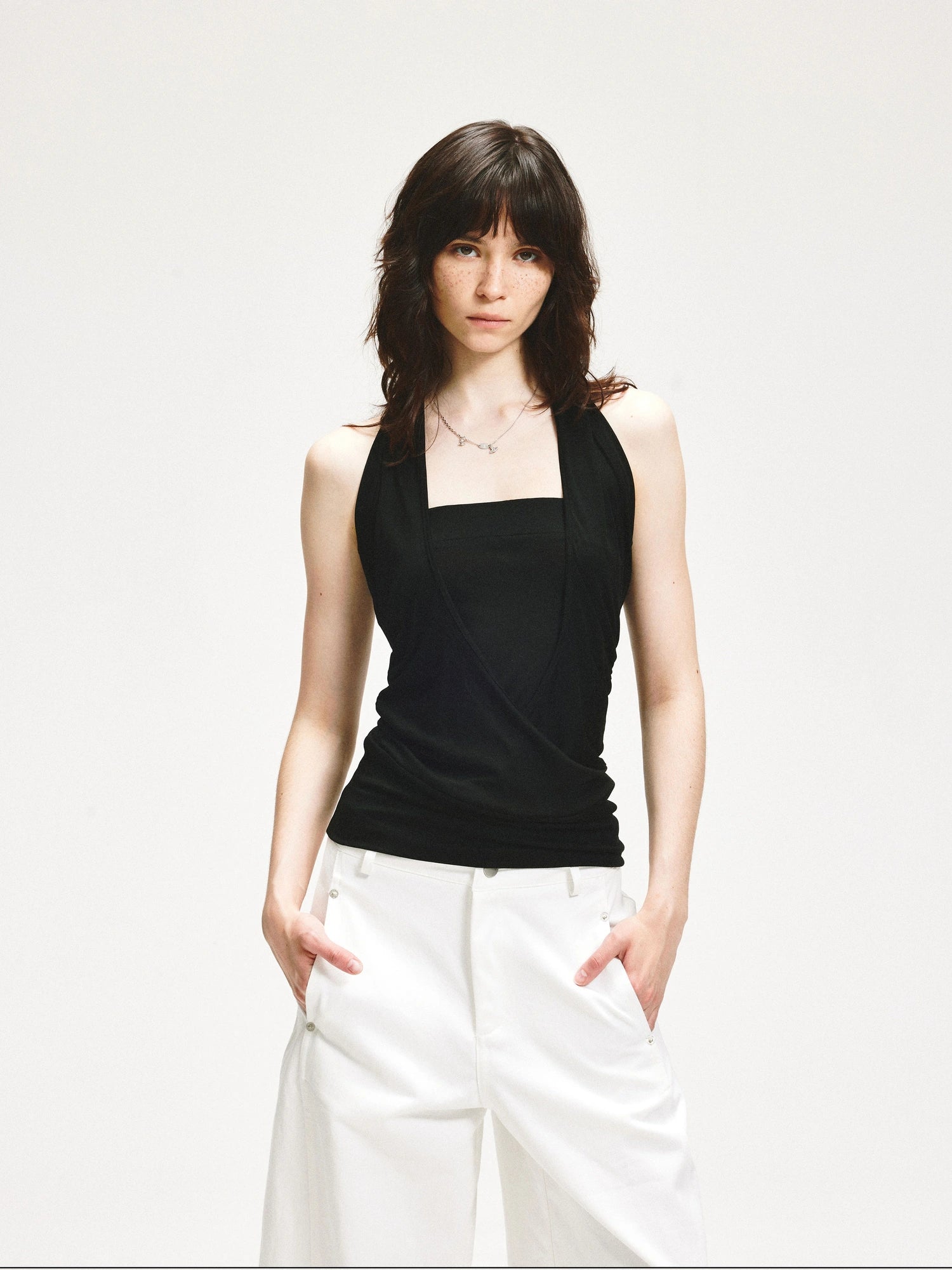 kvkv V-Neck Layered Ruffle Backless Halter Top