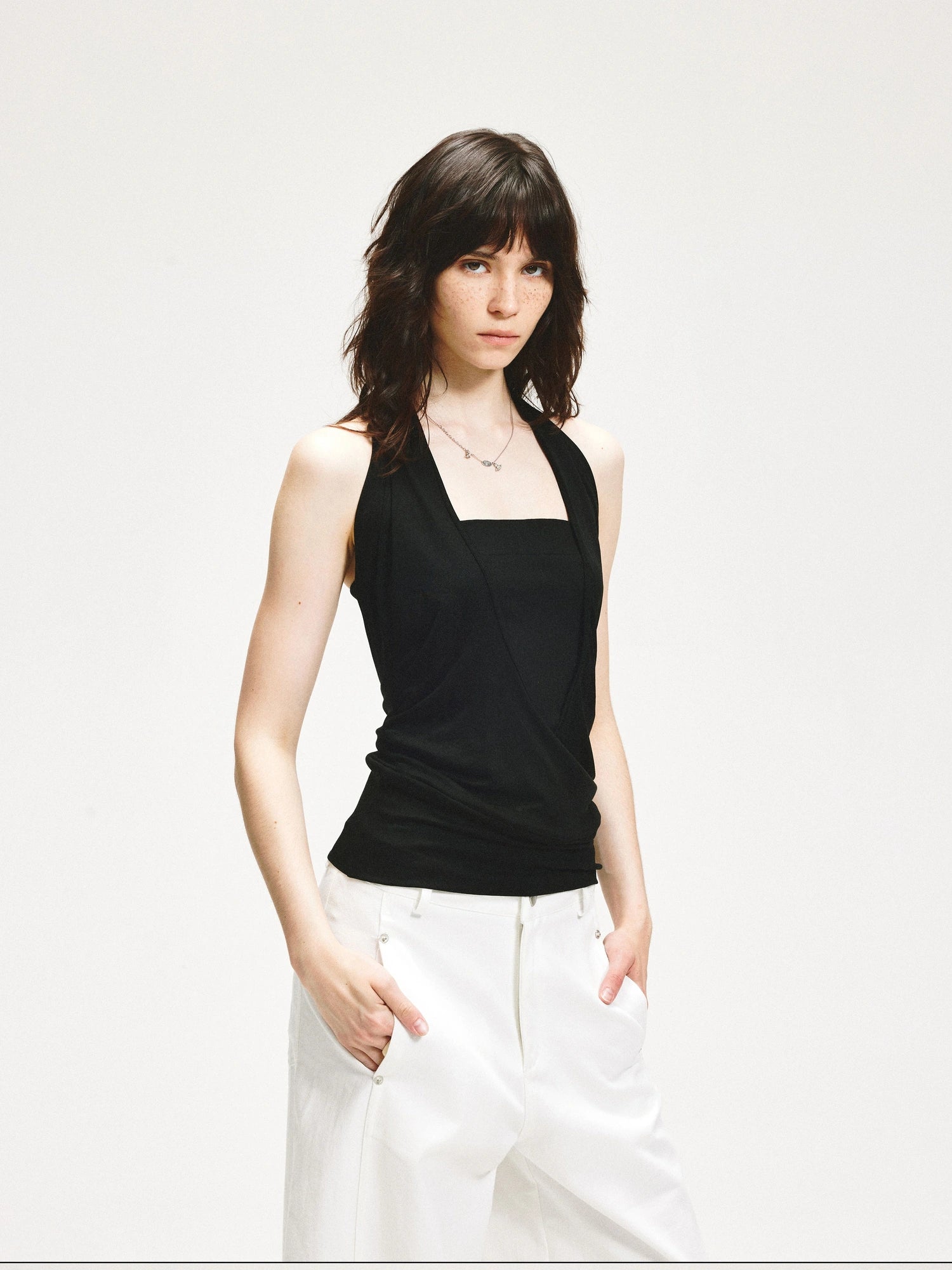 kvkv V-Neck Layered Ruffle Backless Halter Top