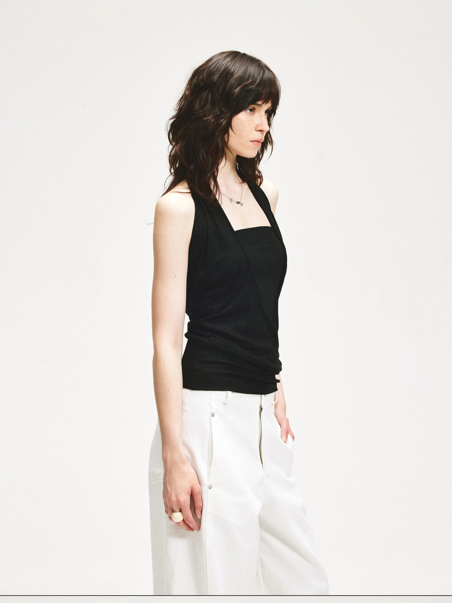 kvkv V-Neck Layered Ruffle Backless Halter Top