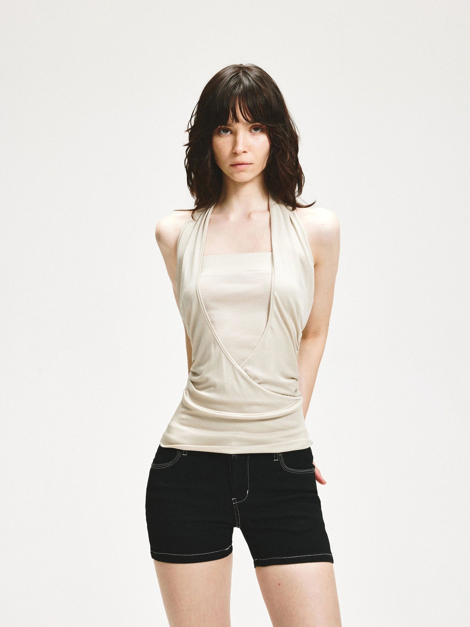 kvkv V-Neck Layered Ruffle Backless Halter Top