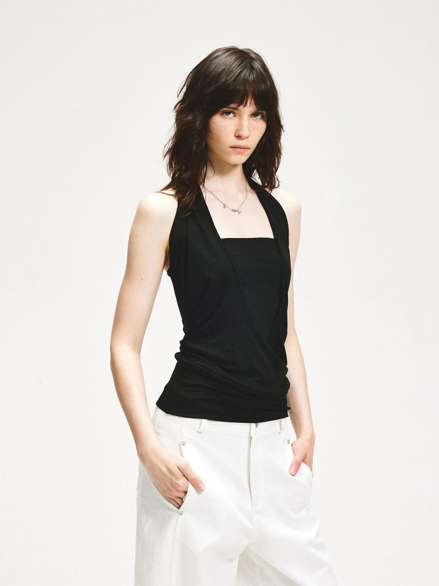 kvkv V-Neck Layered Ruffle Backless Halter Top
