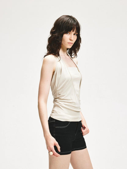 kvkv V-Neck Layered Ruffle Backless Halter Top
