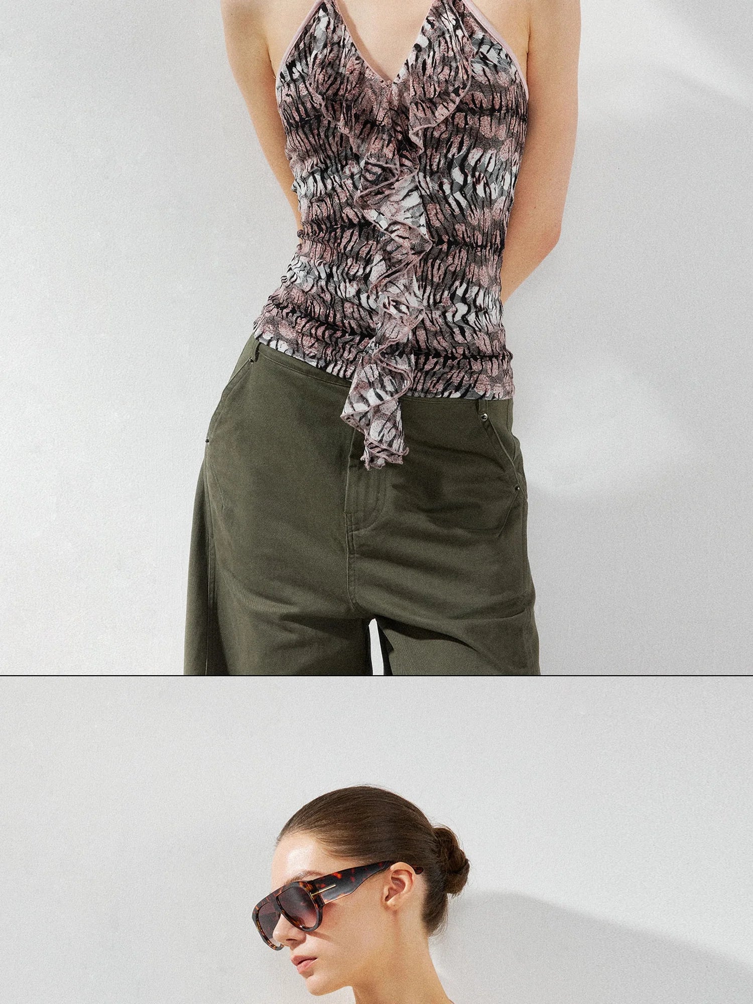 kvkv V-Neck Leopard Print Ruffle Trim Fitted Camisole