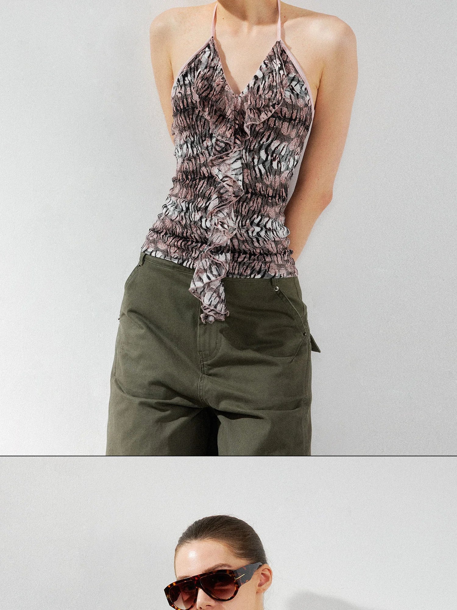 kvkv V-Neck Leopard Print Ruffle Trim Fitted Camisole