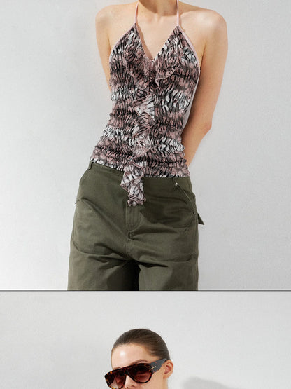 kvkv V-Neck Leopard Print Ruffle Trim Fitted Camisole