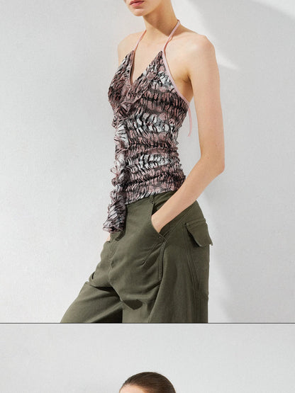 kvkv V-Neck Leopard Print Ruffle Trim Fitted Camisole