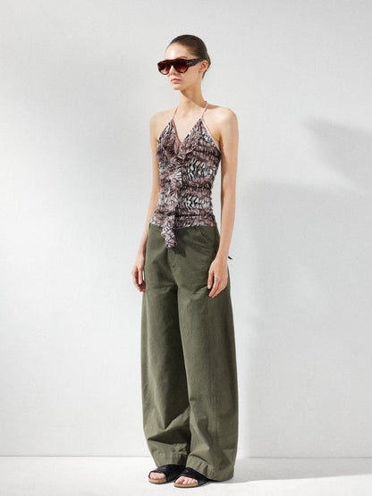kvkv V-Neck Leopard Print Ruffle Trim Fitted Camisole