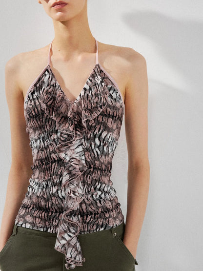 kvkv V-Neck Leopard Print Ruffle Trim Fitted Camisole