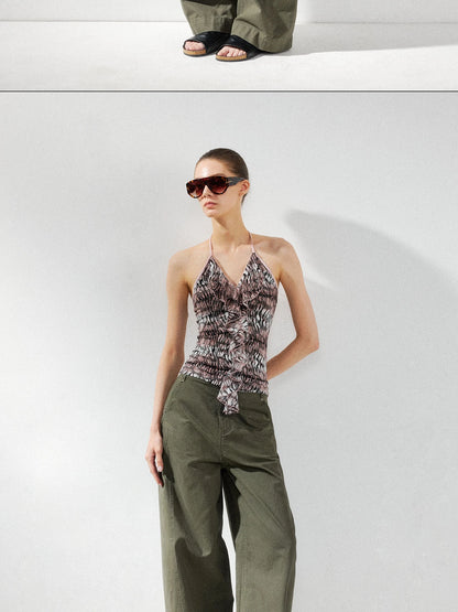 kvkv V-Neck Leopard Print Ruffle Trim Fitted Camisole