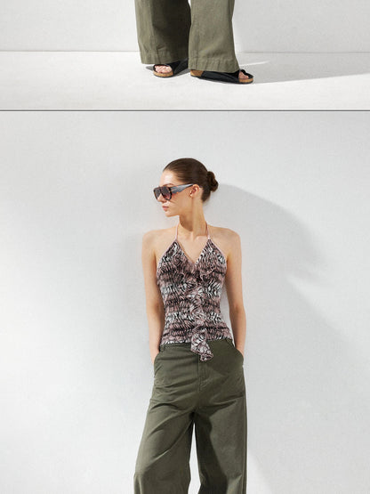 kvkv V-Neck Leopard Print Ruffle Trim Fitted Camisole