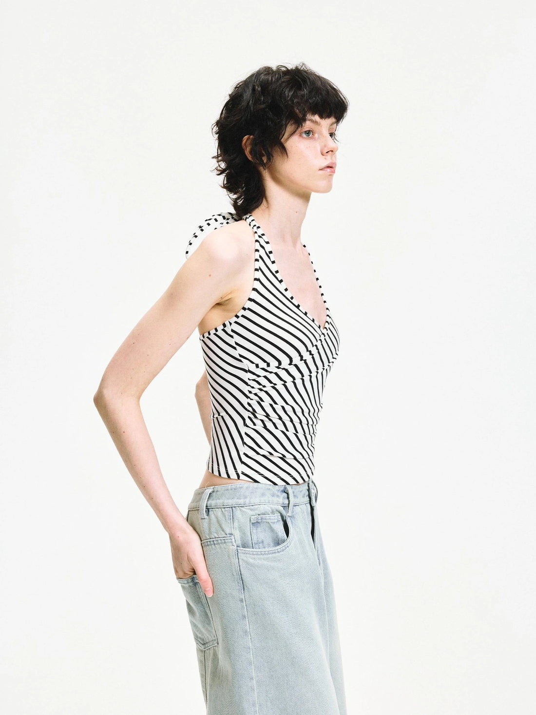 kvkv V-neck Cross Fold Striped Halter Top