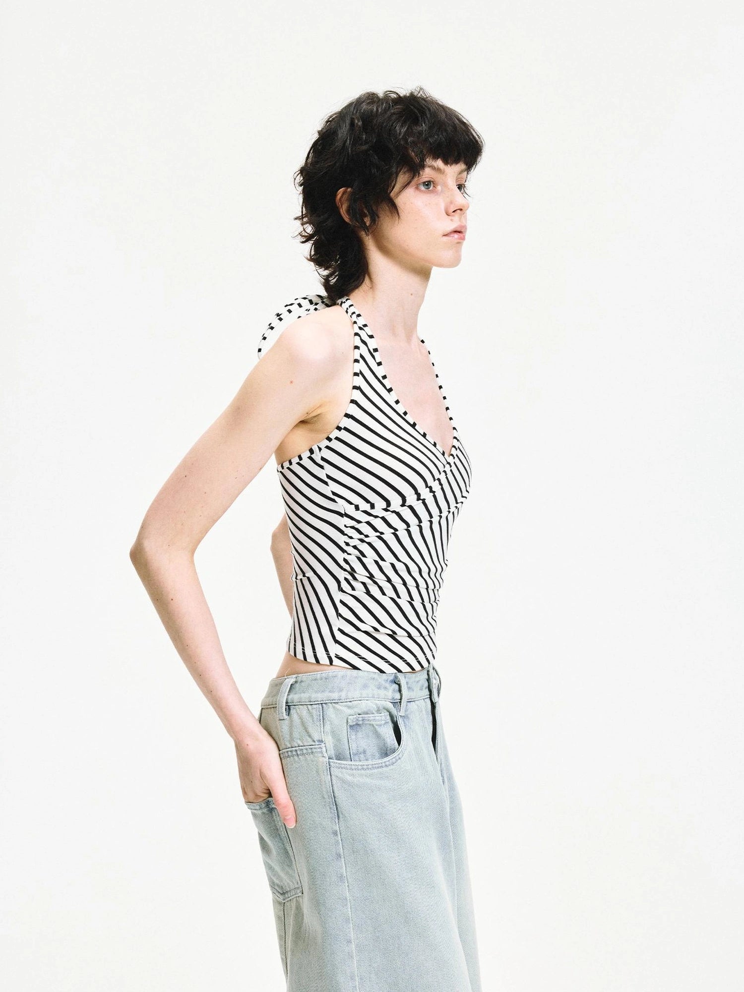 kvkv V-neck Cross Fold Striped Halter Top