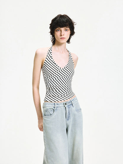 kvkv V-neck Cross Fold Striped Halter Top