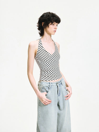 kvkv V-neck Cross Fold Striped Halter Top