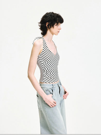 kvkv V-neck Cross Fold Striped Halter Top