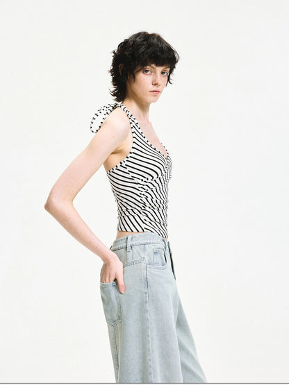 kvkv V-neck Cross Fold Striped Halter Top