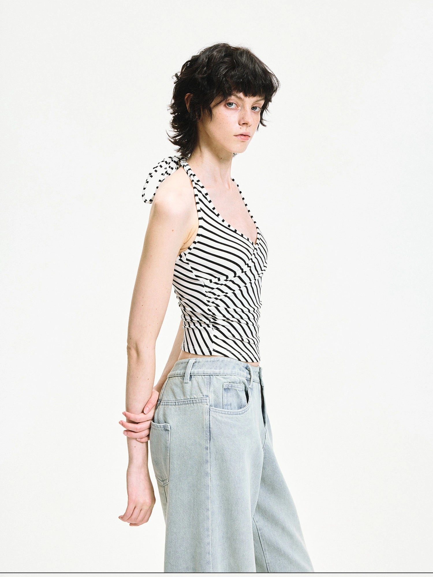 kvkv V-neck Cross Fold Striped Halter Top