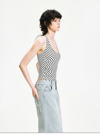 kvkv V-neck Cross Fold Striped Halter Top
