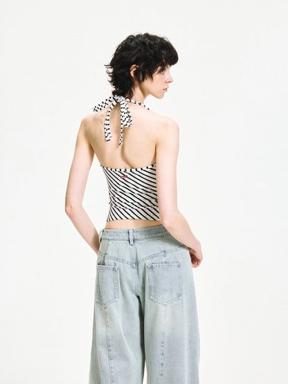 kvkv V-neck Cross Fold Striped Halter Top