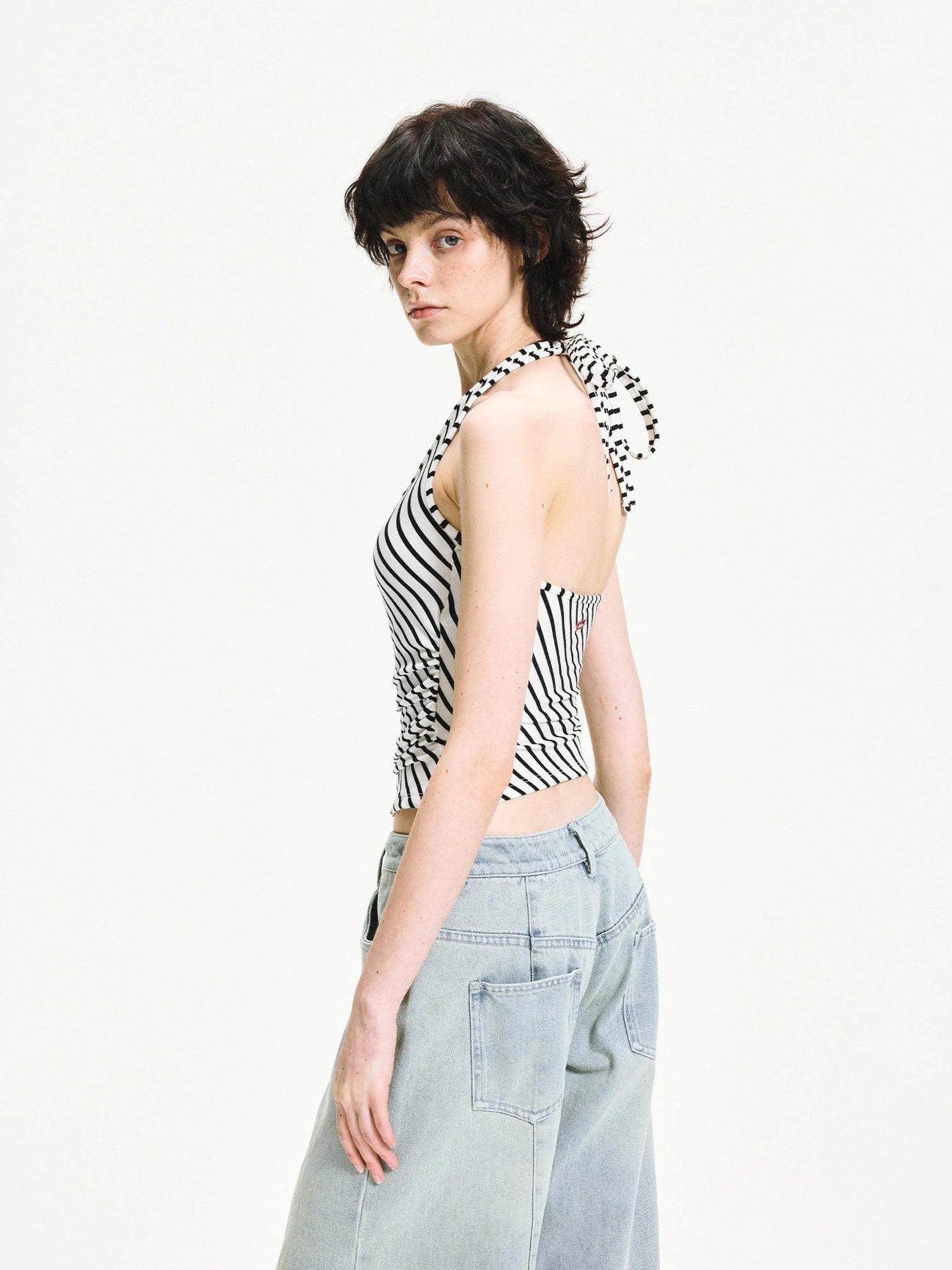 kvkv V-neck Cross Fold Striped Halter Top