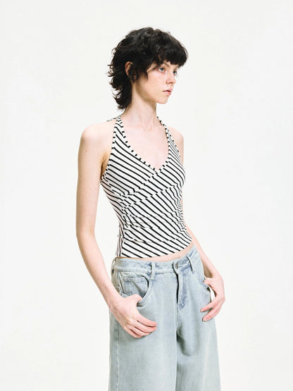 kvkv V-neck Cross Fold Striped Halter Top