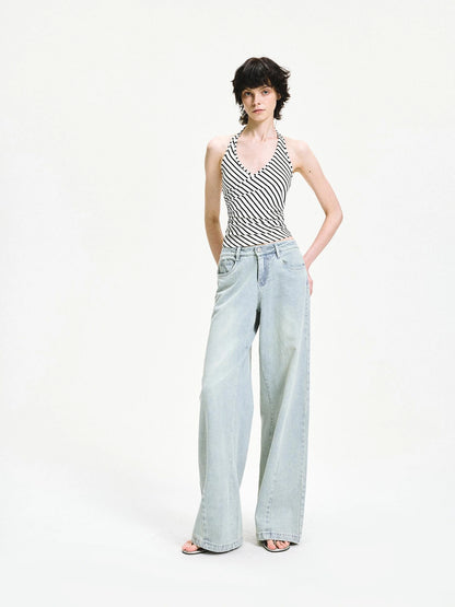 kvkv V-neck Cross Fold Striped Halter Top