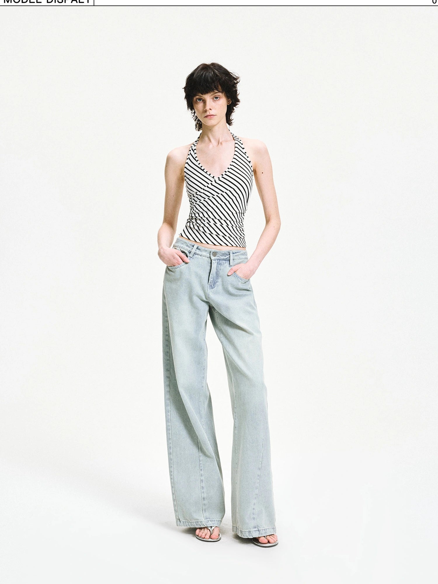 kvkv V-neck Cross Fold Striped Halter Top