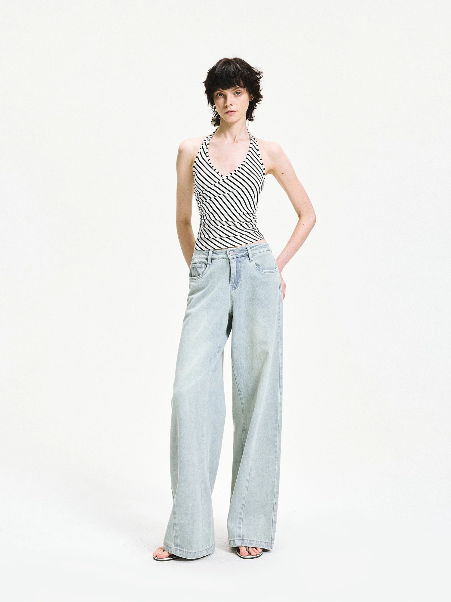 kvkv V-neck Cross Fold Striped Halter Top
