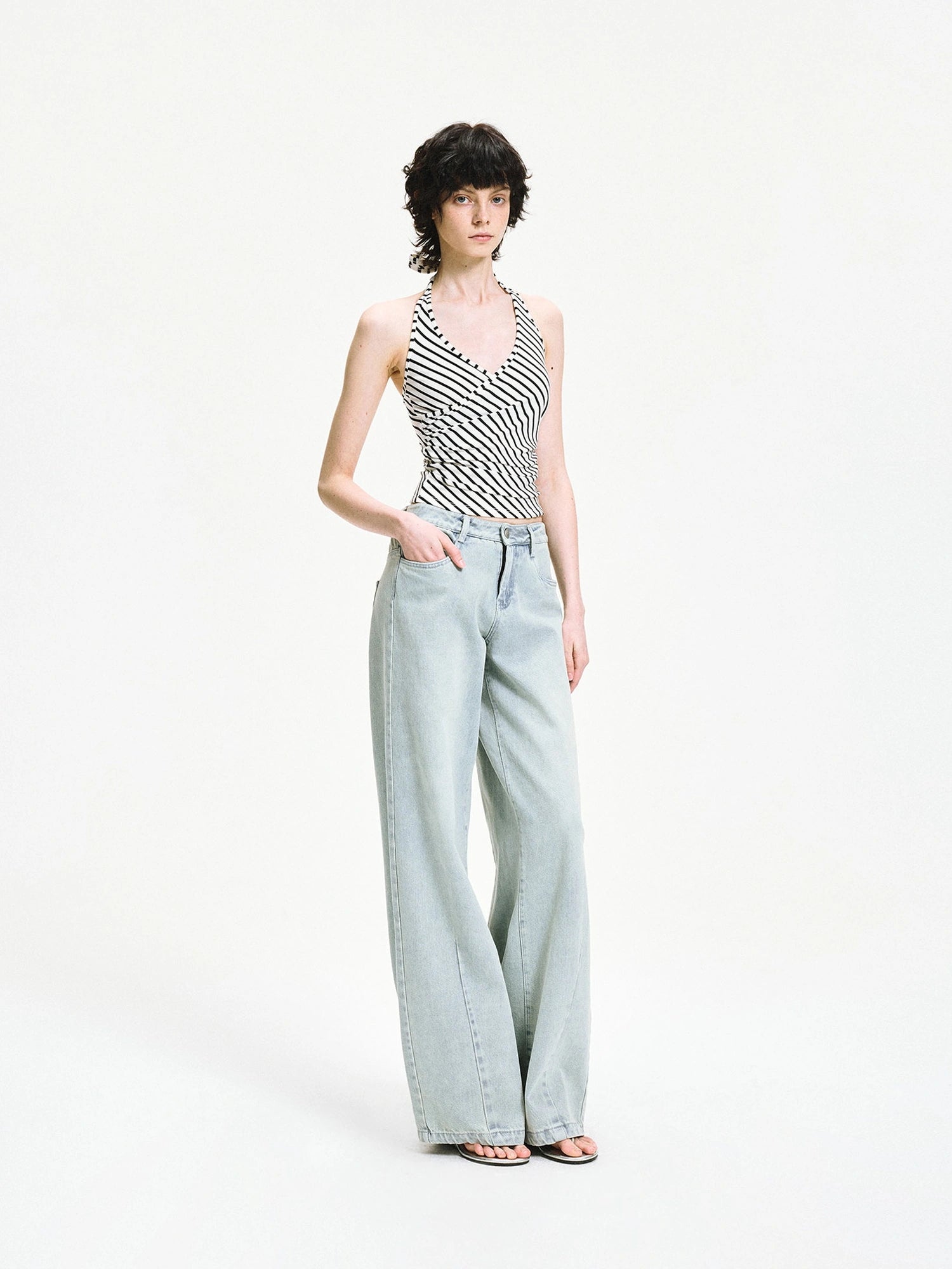 kvkv V-neck Cross Fold Striped Halter Top