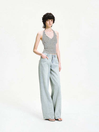 kvkv V-neck Cross Fold Striped Halter Top