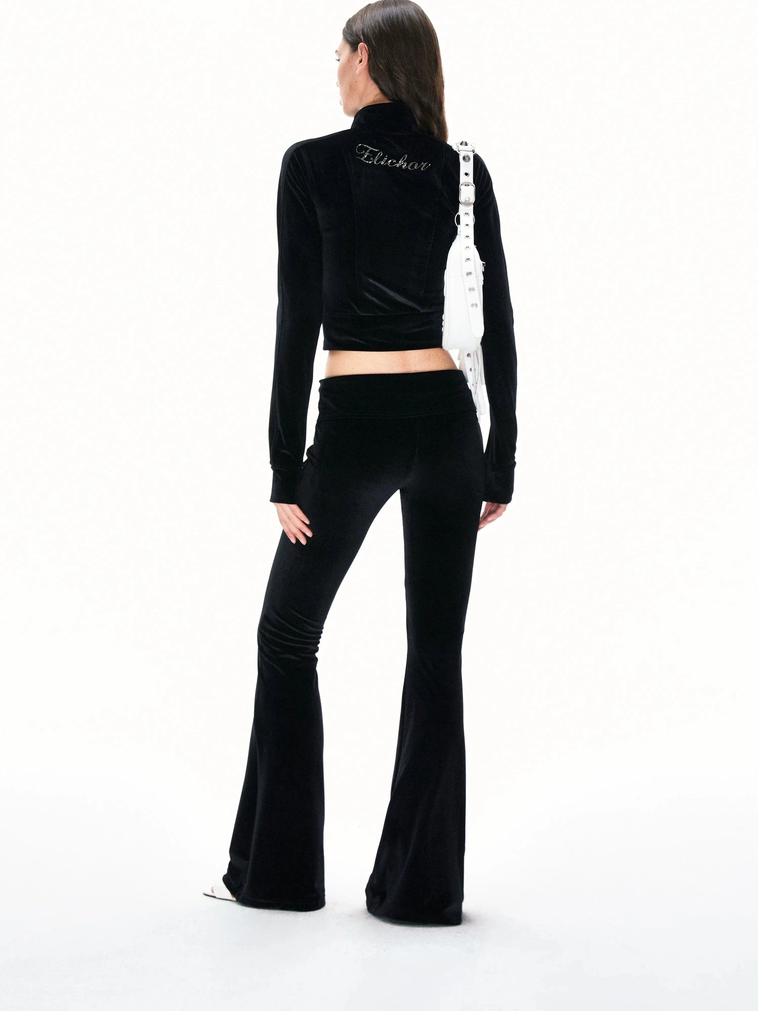 kvkv Velvet Flared Yoga Pants With Rhinestone Detail