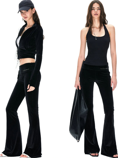 kvkv Velvet Flared Yoga Pants With Rhinestone Detail