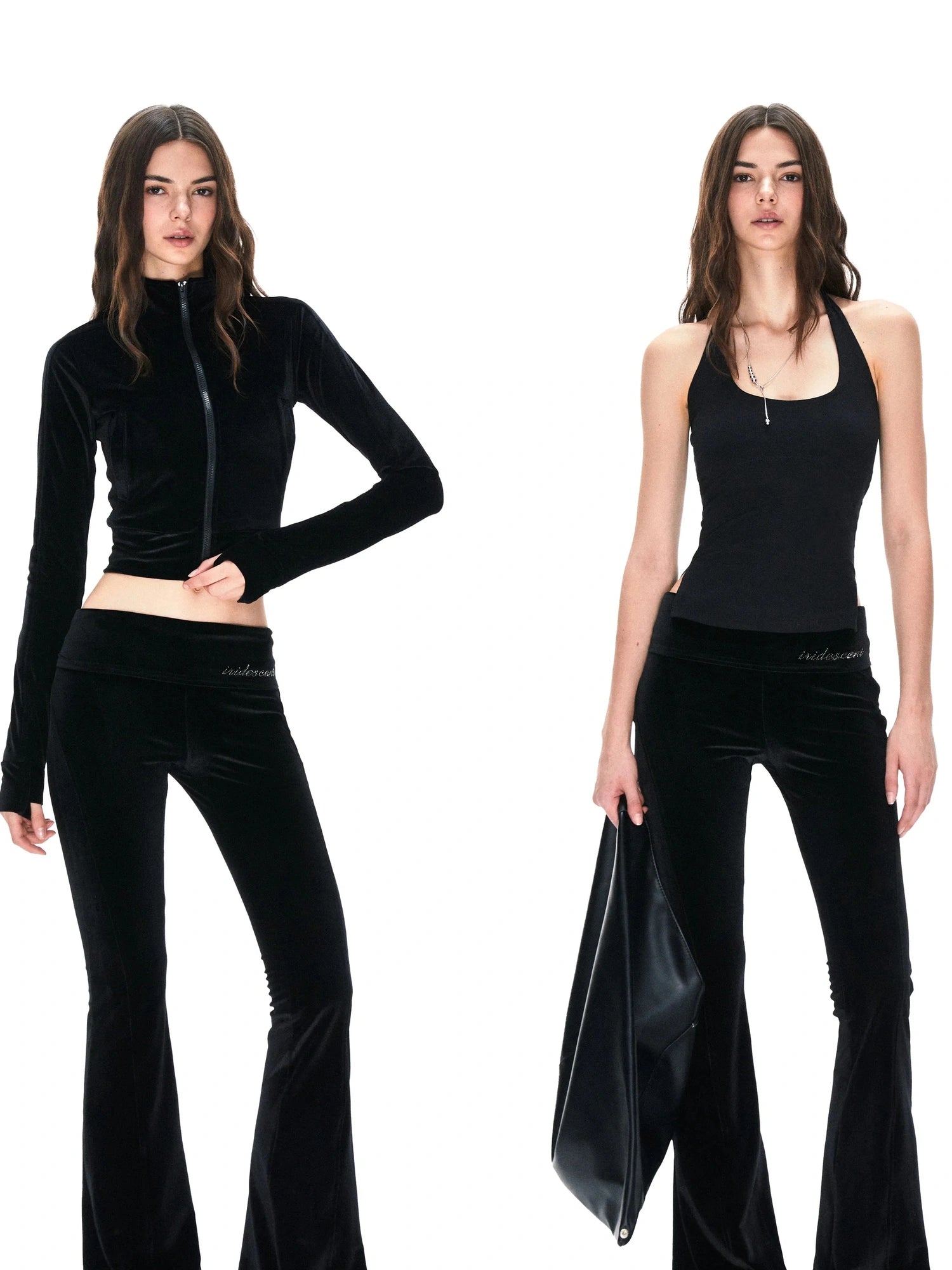 kvkv Velvet Flared Yoga Pants With Rhinestone Detail