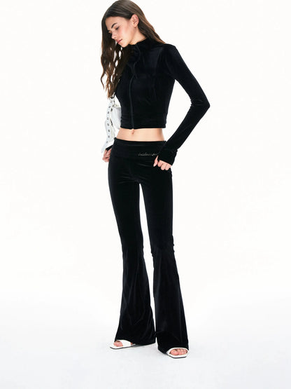 kvkv Velvet Flared Yoga Pants With Rhinestone Detail