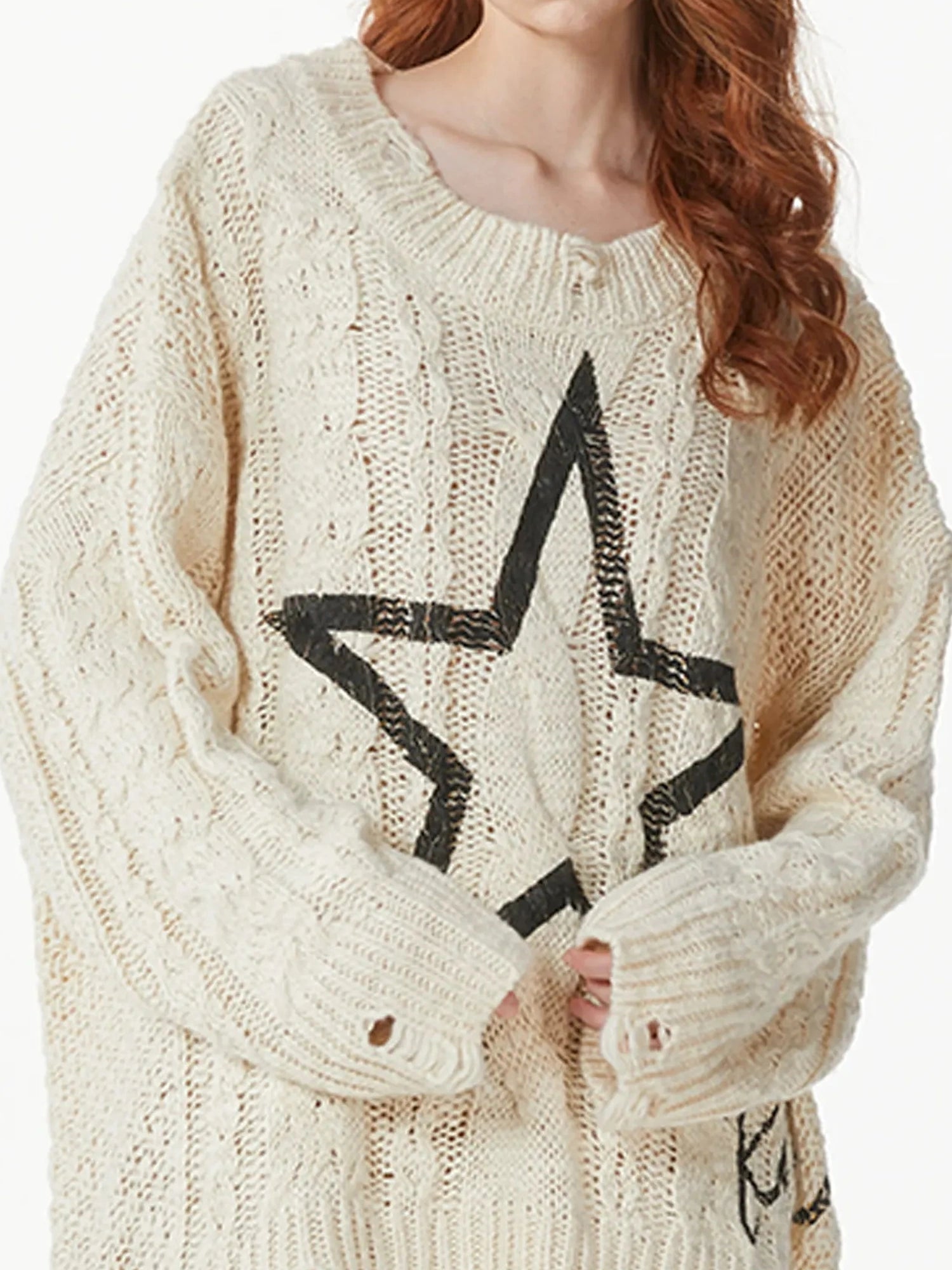 kvkv Vintage Cable Knit Sweater With Faded Star Print